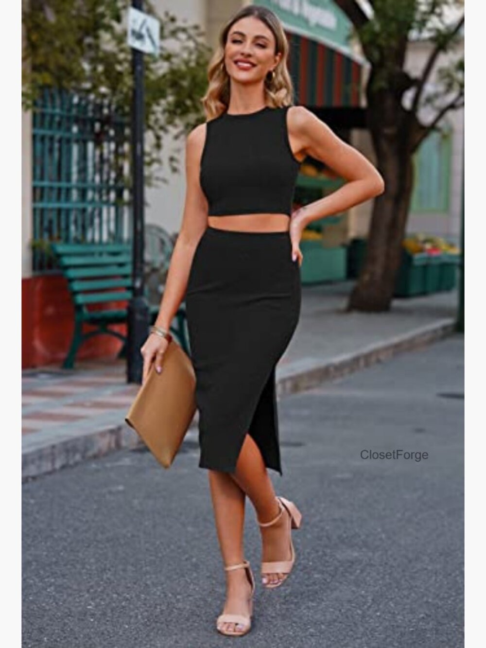 2 Piece Tank Top & Slit Midi Skirt Bodycon Outfit Set - Picture 4 of 7